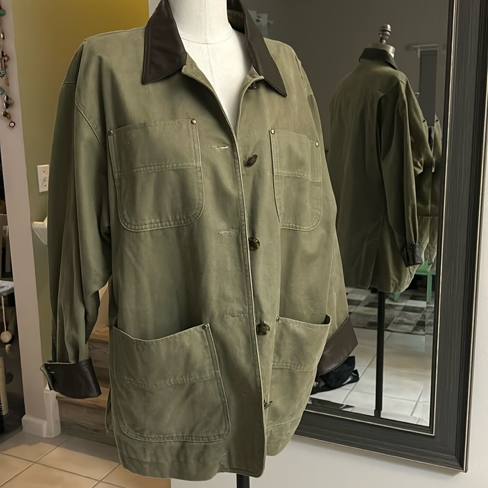 Vintage Hasting & Smith Green Casual Cotton Barn Jacket  Leather Trim size small